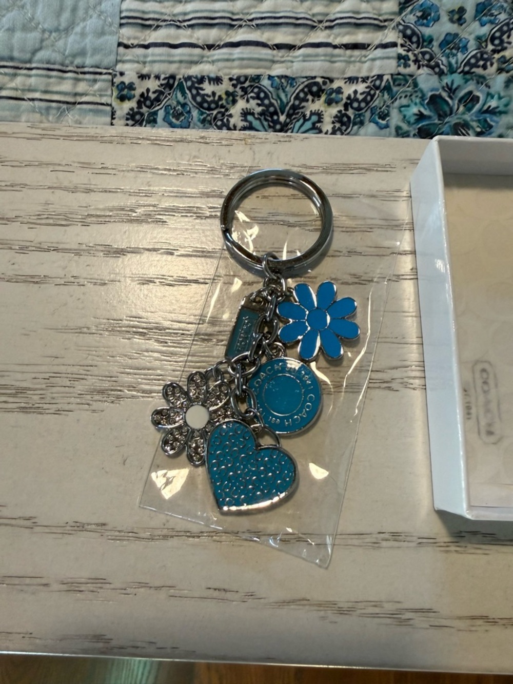 Coach Silver-Tone Blue Heart & Flower Charm Key Ring